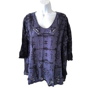 Johnny Was Womens M Blue Christina Eyelet Georgette Top 3/4 Sleeve Shirt Blouse